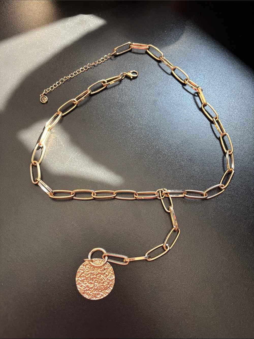 Goldtone Link Necklace with Textured Round Pendant